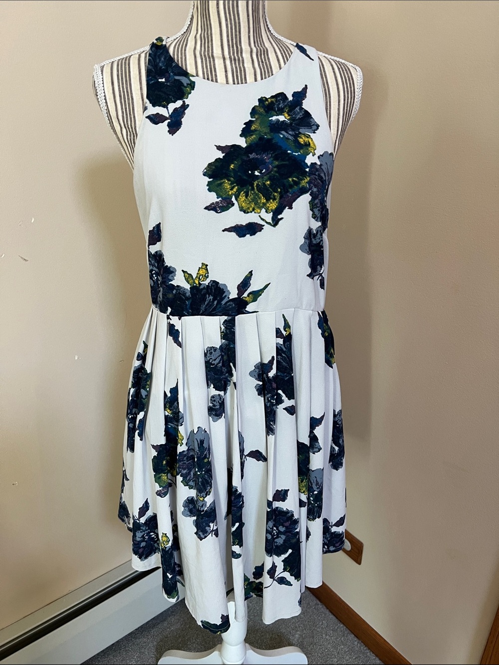Free People White Midi Dress with Navy & Olive Floral Print